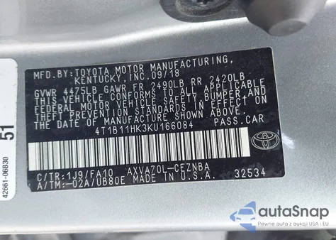 2019 Toyota Camry Le from USA, damaged, VIN 4T1B11HK3KU166084